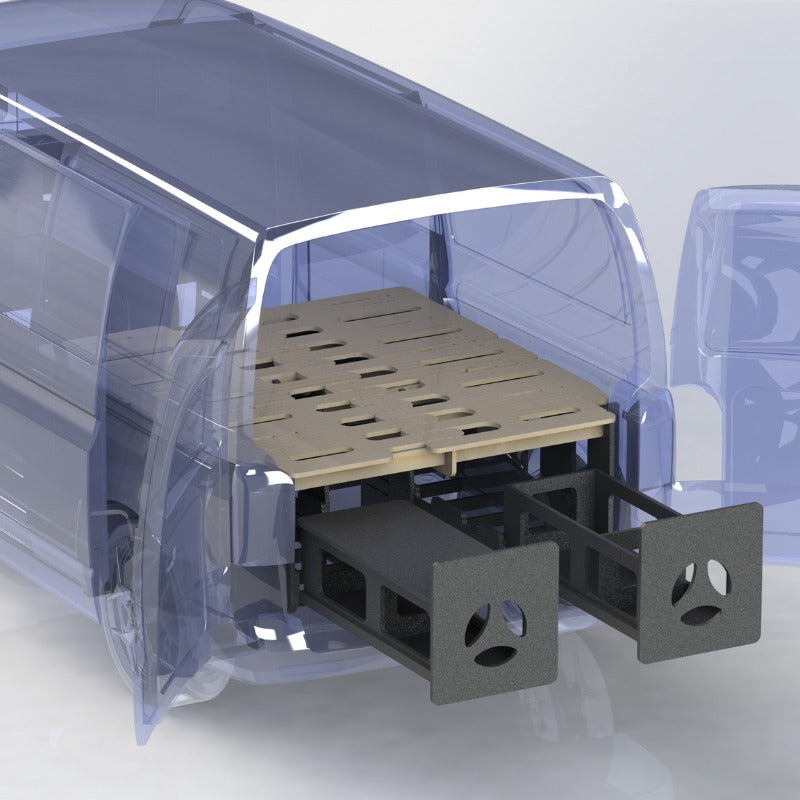 CAD drawing of the FMR camper van converter kit installed in a van with the closed top and open top rear retractable drawer modules.
